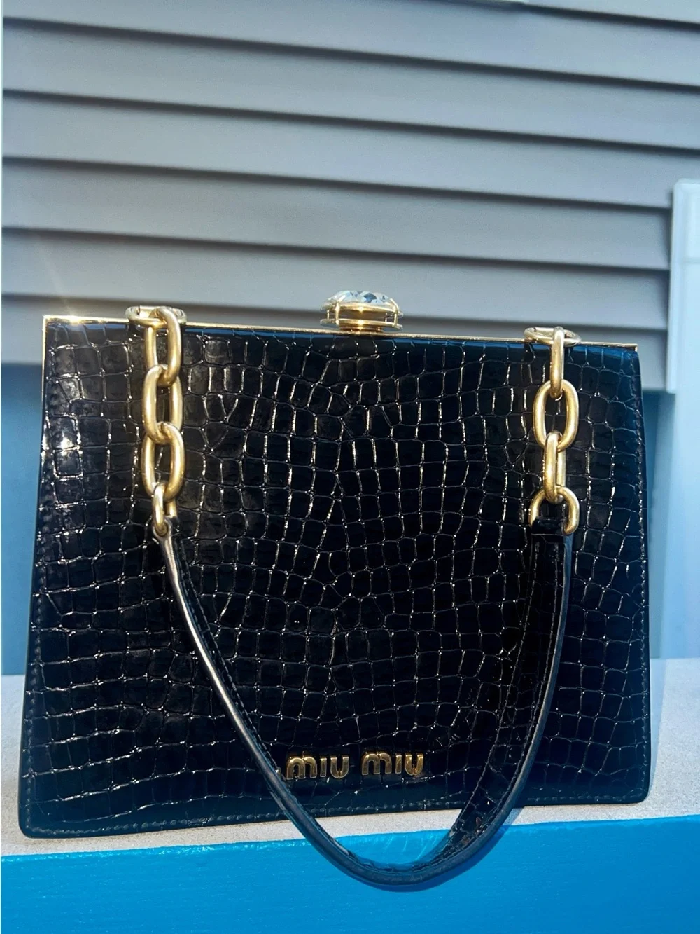 Miu Miu Calfskin Crocodile embossed Crystal-Embellished Bag (Clasp needs repair)
